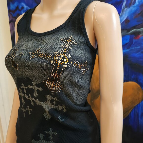 VocalUSA - Black Tank Top with Embellished Cross Pattern Size Small - Picture 1 of 14